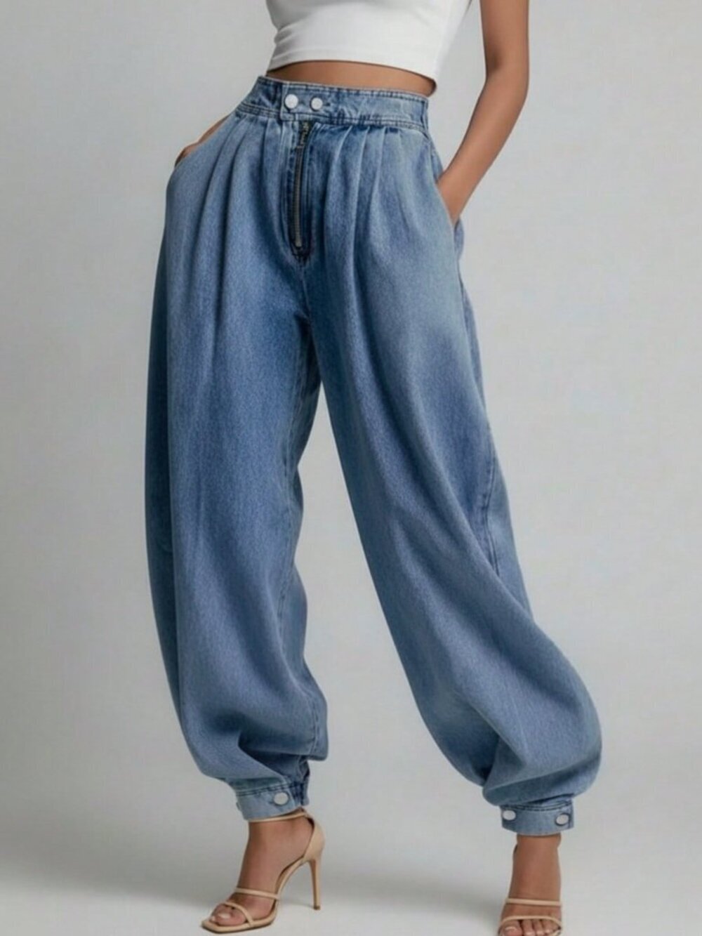 Medium Blue Casual Women's Loose Wide Leg Pleated Cuffed Thin Denim Pants